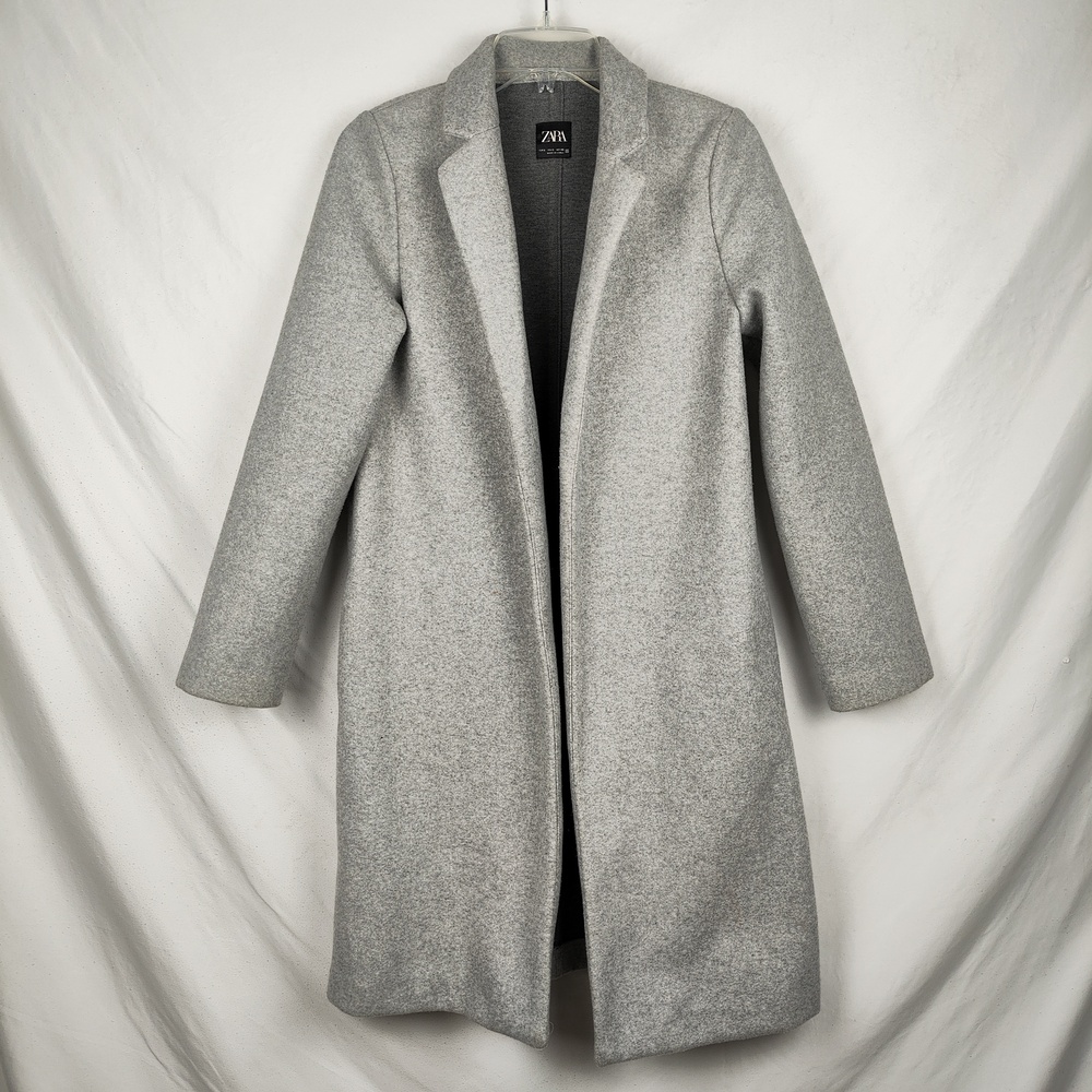 Zara Coat Womens Small Gray Knit Collared Open Front Overcoat Pockets Mid Length
